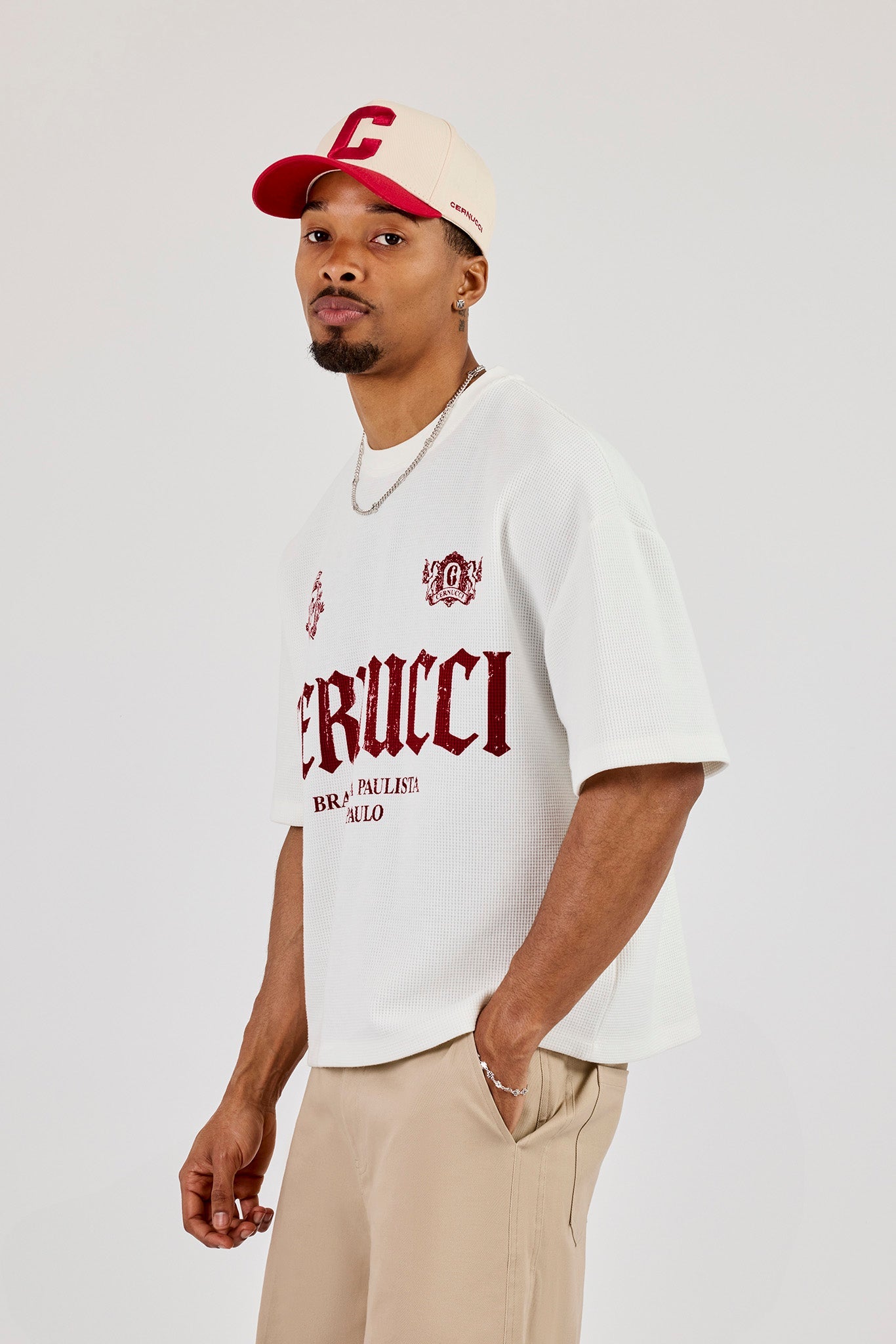 Boxy Waffle Contrast Print T-Shirt - Off White